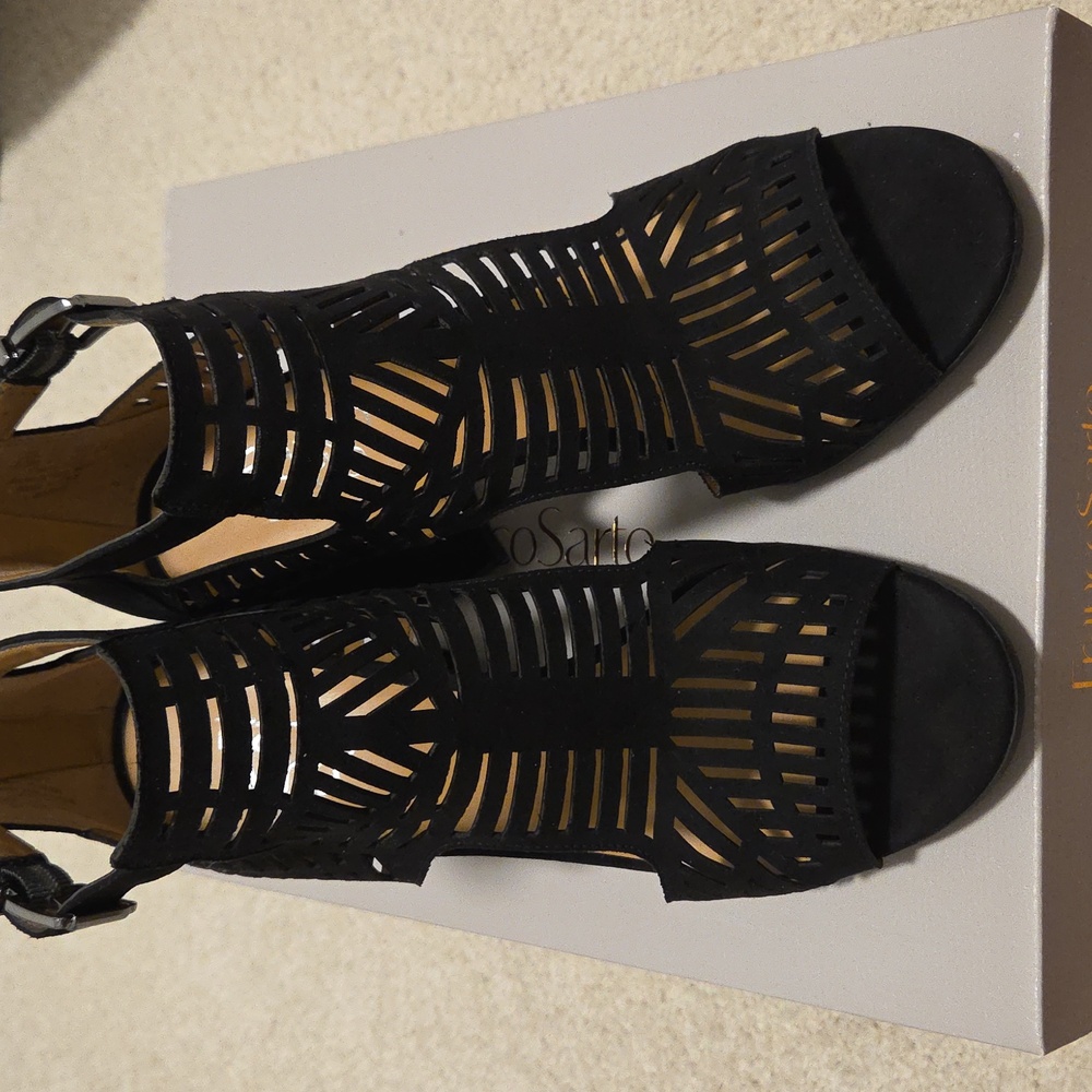 Franco Sarto Margie Black Open Toe Ankle Heels Brand New